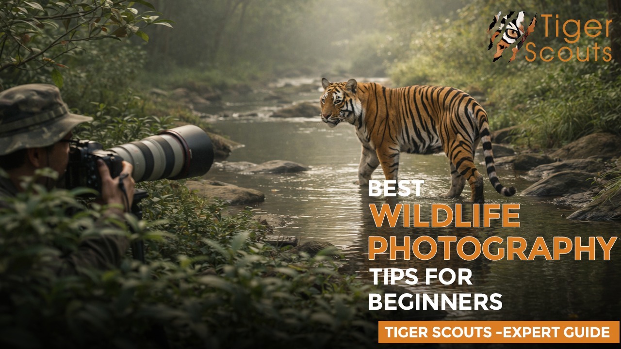 Wildlife photographer capturing a Bengal tiger in a forest stream during a jungle safari.