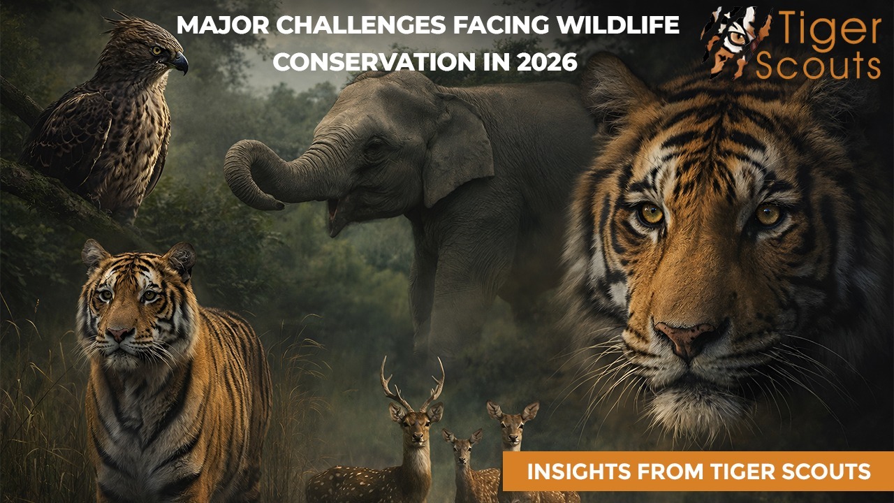 Tiger and elephant herd during an ethical wildlife safari with tourists observing from a jeep.