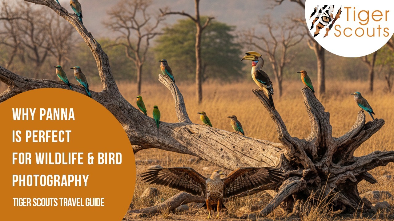 Colorful birds perched on dry tree trunk with eagle spreading wings in Panna grassland landscape